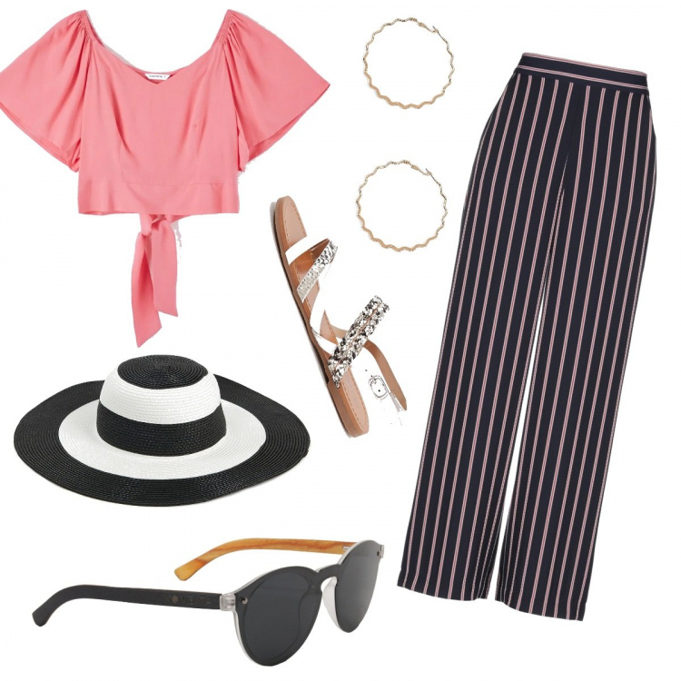 Outfit mujer - Con sombrero y a lo loco. Estilo Trendy para Todos los días. Combinación con sombreros, gafas de sol, sandalias, blusas, pantalones, pendientes.