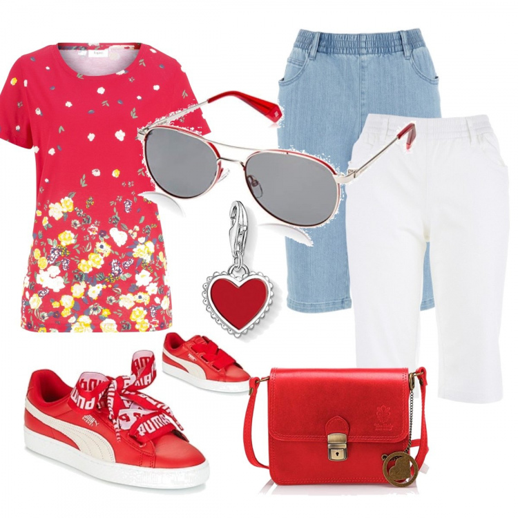 Outfit donna - Total look #651597. Abbinamento con bermuda, t-shirt, sneakers, borse a spalla, ciondoli, occhiali da sole.