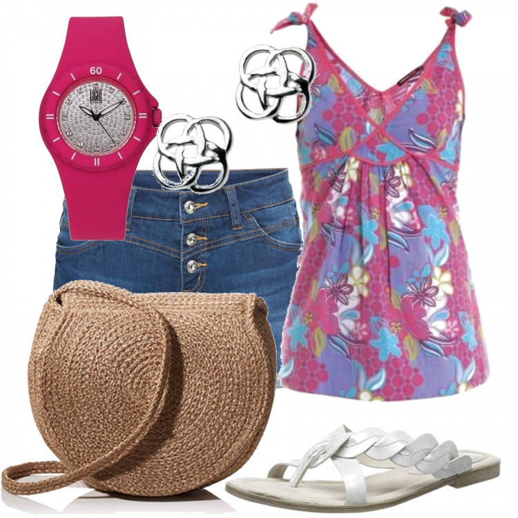 Outfit donna - VeronicaT. Stile Basic per Mare. Abbinamento con shorts, top, borse a cartella, infradito, orologi, orecchini.