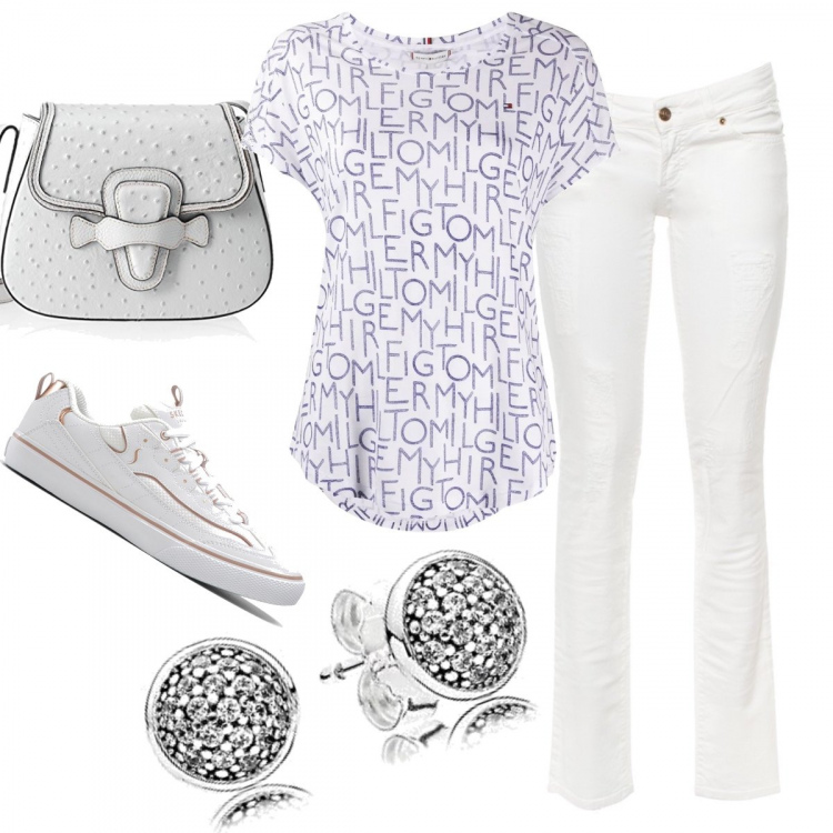 Outfit donna - Total look #651785. Abbinamento con vestiti midi/longuette, t-shirt, jeans, borse a spalla, orecchini.