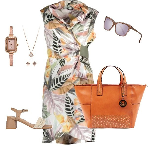 Outfit donna - Saldi estivi Pricy. Stile Trendy per Ufficio. Abbinamento con vestiti corti, borse a mano, sandali, occhiali da sole, orologi.