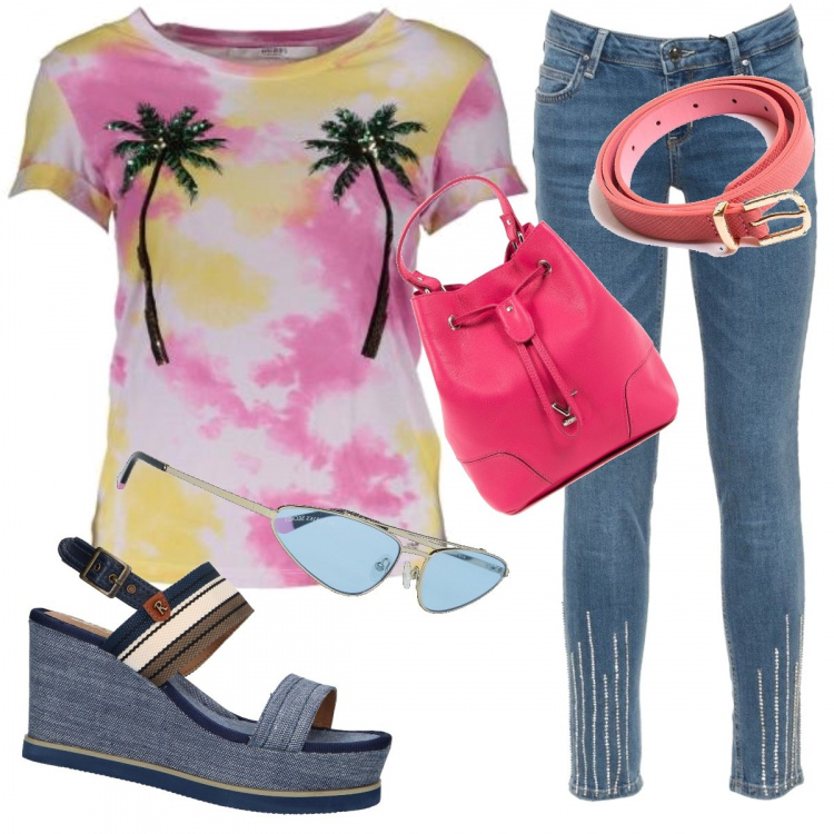 Outfit donna - Look by Pricy. Stile Urban per Tutti i giorni. Abbinamento con jeans, sandali, t-shirt, cinture, borse a mano, occhiali da sole.