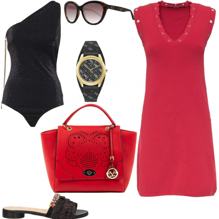 Outfit donna - Saldi Estivi Pricy. Stile Bon Ton per Mare. Abbinamento con vestiti, top, borse a mano, infradito, occhiali da sole, orologi.