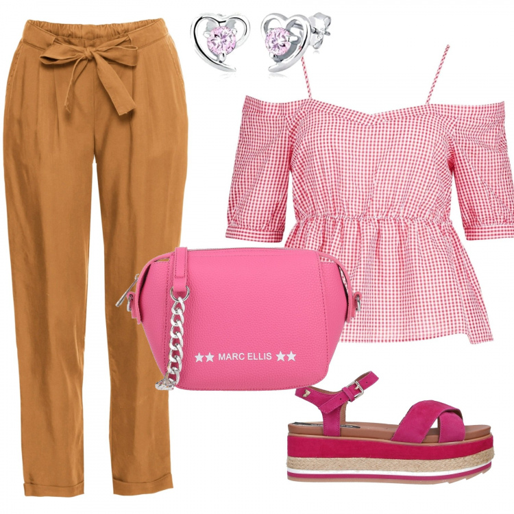 Outfit donna - Trendy #50570. Stile Trendy per Tutti i giorni. Abbinamento con sandali, borse a spalla, shopping bag, top, orecchini.