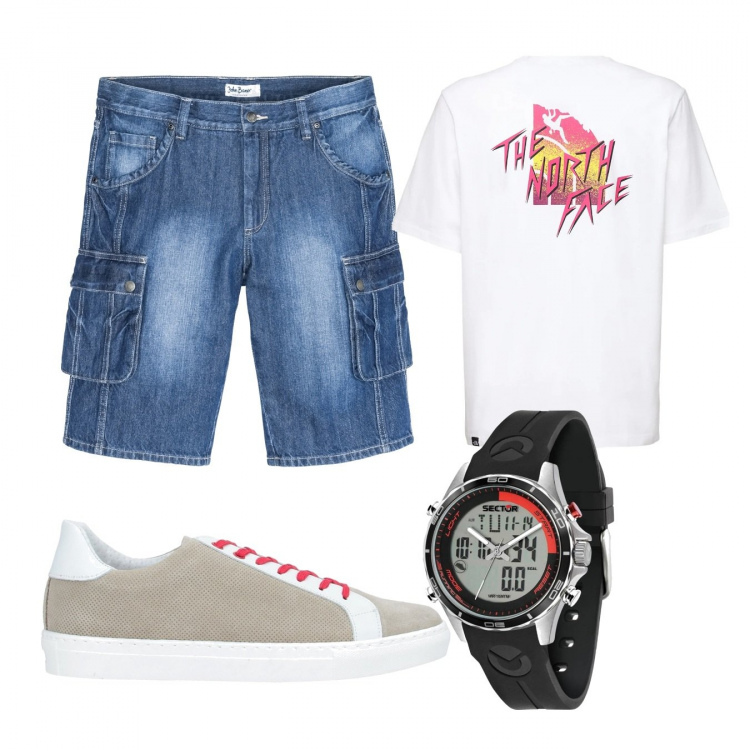 Outfit uomo - Casual #15707. Stile Casual per Tutti i giorni. Abbinamento con bermuda, sneakers, orologio, t-shirt.