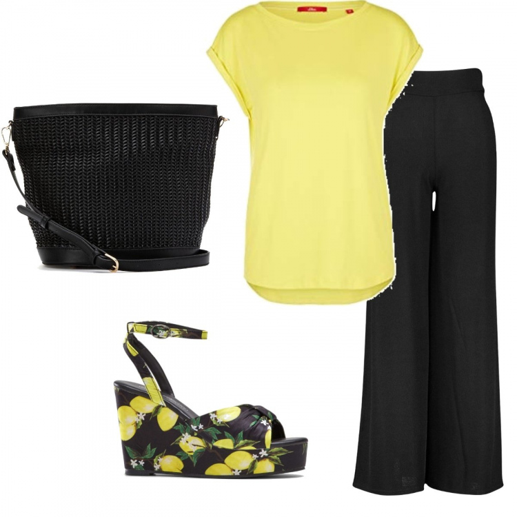 Outfit femme - Total look #652679. Assortir avec chaussures à semelle compensée, pantalon large en bas, chemises à manches courtes, sac cabas.