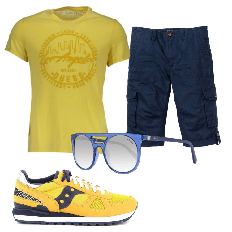 Outfit uomo - Casual #15740. Stile Casual per Tutti i giorni. Abbinamento con bermuda, sneakers, t-shirt, occhiali da sole.