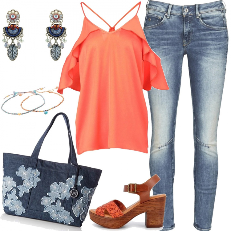 Outfit mujer - Trendy #50668. Estilo Trendy para Todos los días. Combinación con bolso tote, vaqueros pitillo, sandalias, blusas, pulseras, pendientes.