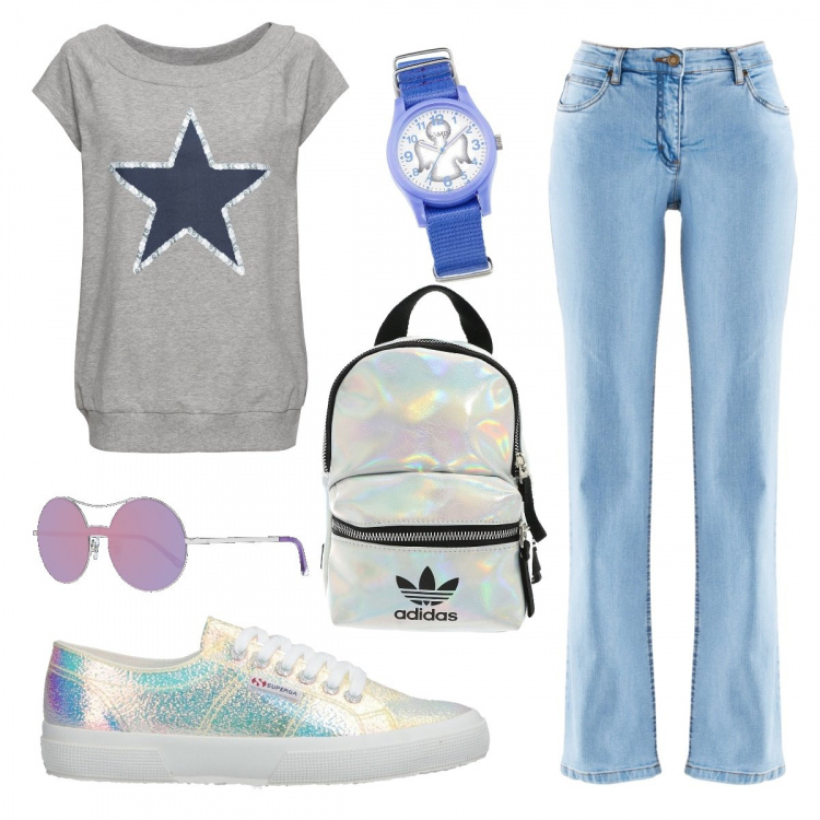 Outfit donna - Studentessa universitaria. Stile Basic per Scuola/Università. Abbinamento con t-shirt, jeans dritti, sneakers, orologi, zaini, occhiali da sole.