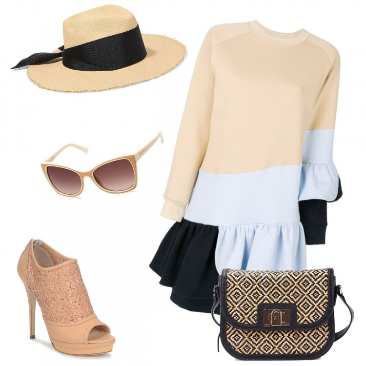 Outfit donna - Trendy #50352. Stile Trendy per Ufficio. Abbinamento con cappelli, décolleté, vestiti, borse a mano, occhiali da sole.