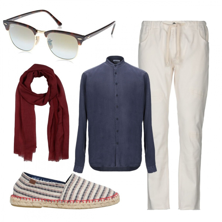 Outfit uomo - Aperitivo in spiaggia. Stile Trendy per Mare. Abbinamento con camicie, sciarpe, espadrillas, pantaloni, occhiali da sole.