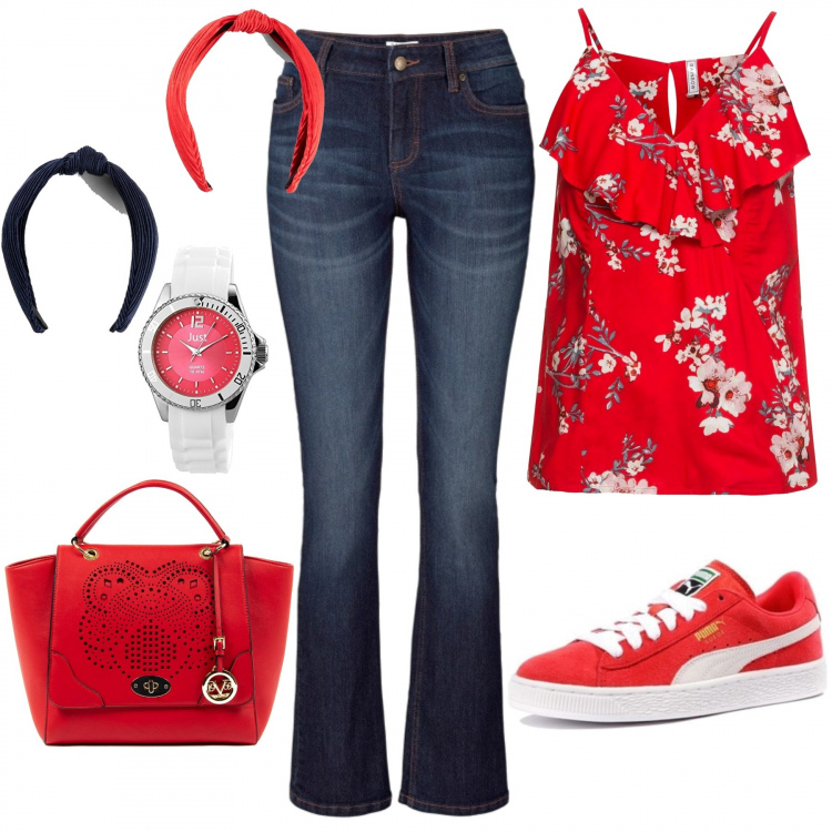 Outfit donna - Gita fuori porta in rosso. Stile Trendy per Tutti i giorni. look ideale per Petite. Abbinamento con jeans bootcut, blazer, cerchietti, sneakers, borse a mano, orologi.