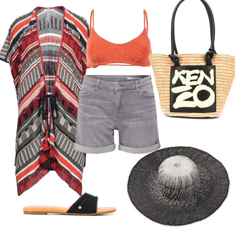 Outfit femme - Stylé avec un Chapeau. Style Ethnique pour Plage. Assortir avec short, gilets, chapeaux, sandales, maillot de bain 2 pièces, sac cabas.
