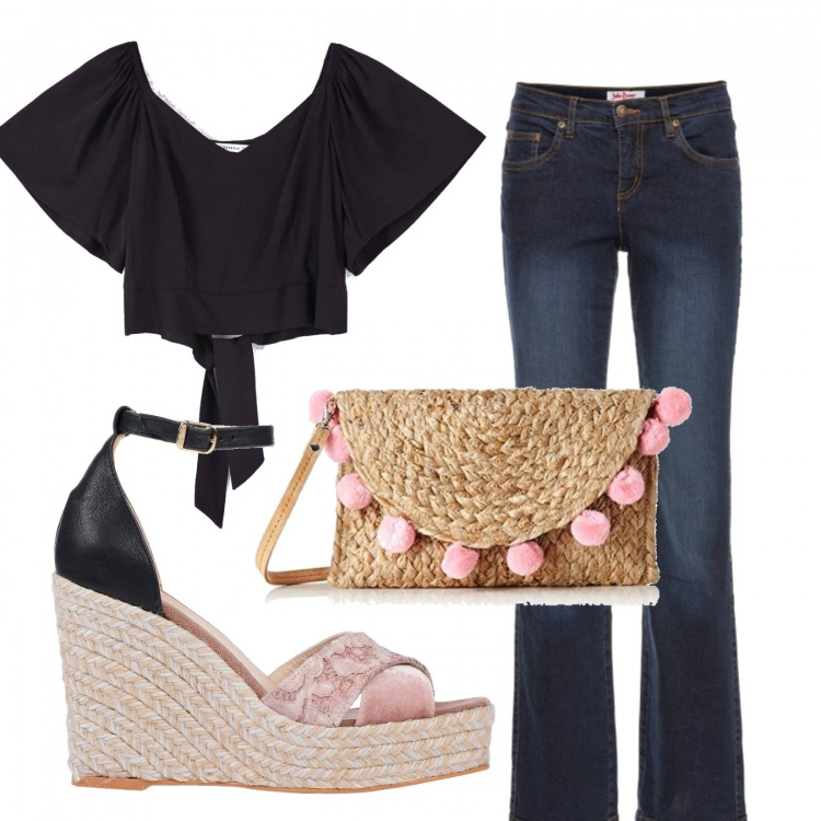 Outfit donna - Trendy #50464. Stile Trendy per Tutti i giorni. Abbinamento con jeans dritti, sandali col tacco, bluse, borse a tracolla.