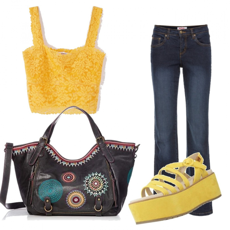 Outfit donna - Trendy #50467. Stile Trendy per Tutti i giorni. Abbinamento con jeans dritti, top, sandali, borse a spalla.