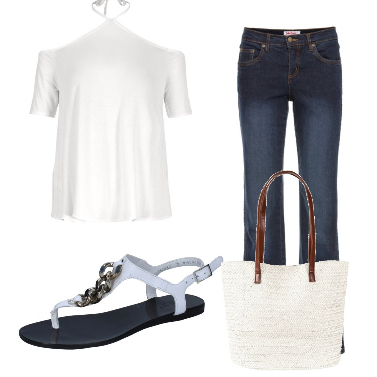 Outfit donna - Trendy #50469. Stile Trendy per Tutti i giorni. Abbinamento con jeans dritti, shopping bag, top, sandali.