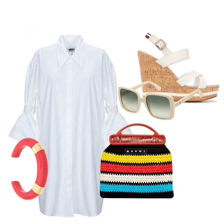 Outfit femme - Tendance #50480. Style Tendance Assortir avec robes courtes, sandales, lunettes de soleil, sac cabas, bracelets.