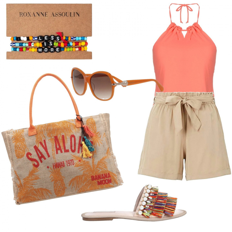 Outfit mujer - Maxi bolso+pulseras. Estilo Trendy para Todos los días. Combinación con pantalones cortos, gafas de sol, pulseras, sandalias, top, bolsos de mano.