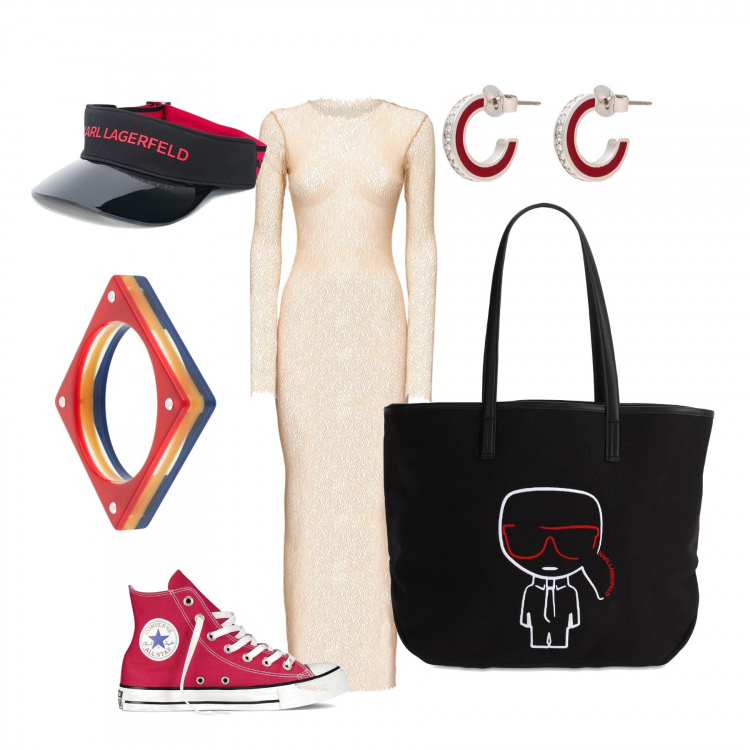 Outfit femme - Urban #18461. Style Urban look idéal pour Grande. Assortir avec robes longues, sneakers hautes, bracelets, chapeaux avec visière, boucles d'oreilles, sacs tote.