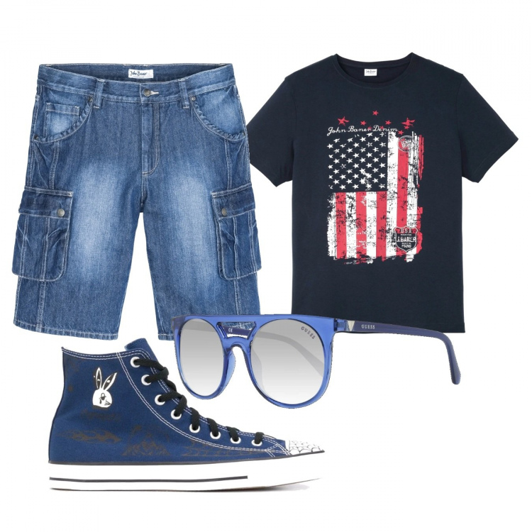 Outfit uomo - Casual #15929. Stile Casual per Tutti i giorni. Abbinamento con bermuda, t-shirt, sneakers, occhiali da sole.
