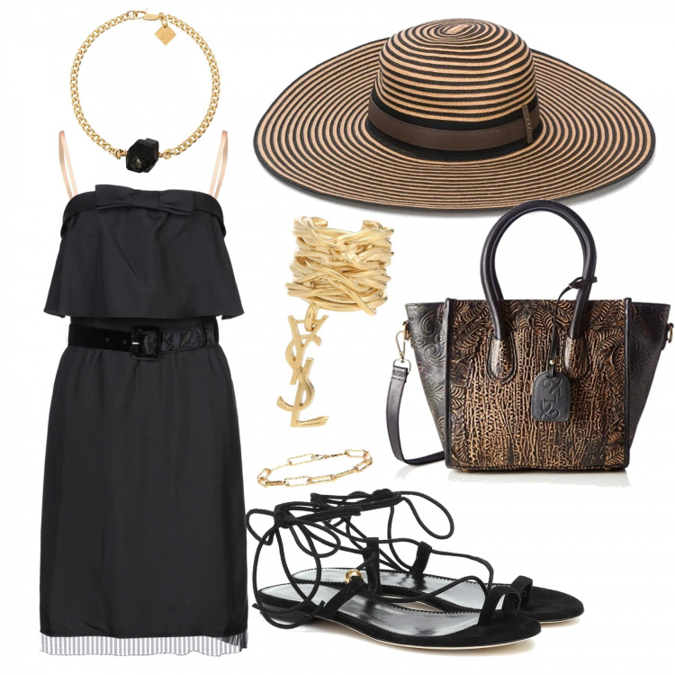 Outfit femme - Garden party. Style Chic pour Soirée dehors. Assortir avec robes courtes, boucles d'oreilles, sandales bijou, sac cabas, chapeaux, bracelets.