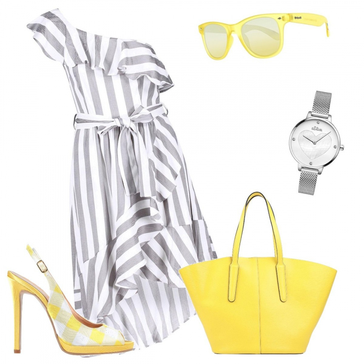 Outfit donna - Trendy #50708. Stile Trendy per Ufficio. Abbinamento con sandali col tacco, borse a mano, vestiti midi/longuette, orologi analogici, occhiali da sole.