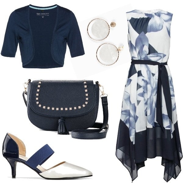 Outfit donna - Fiori azzurri su Bonprix. Stile Chic per Serata fuori. Abbinamento con blazer, vestiti, décolleté, borse a spalla, borse a mano.