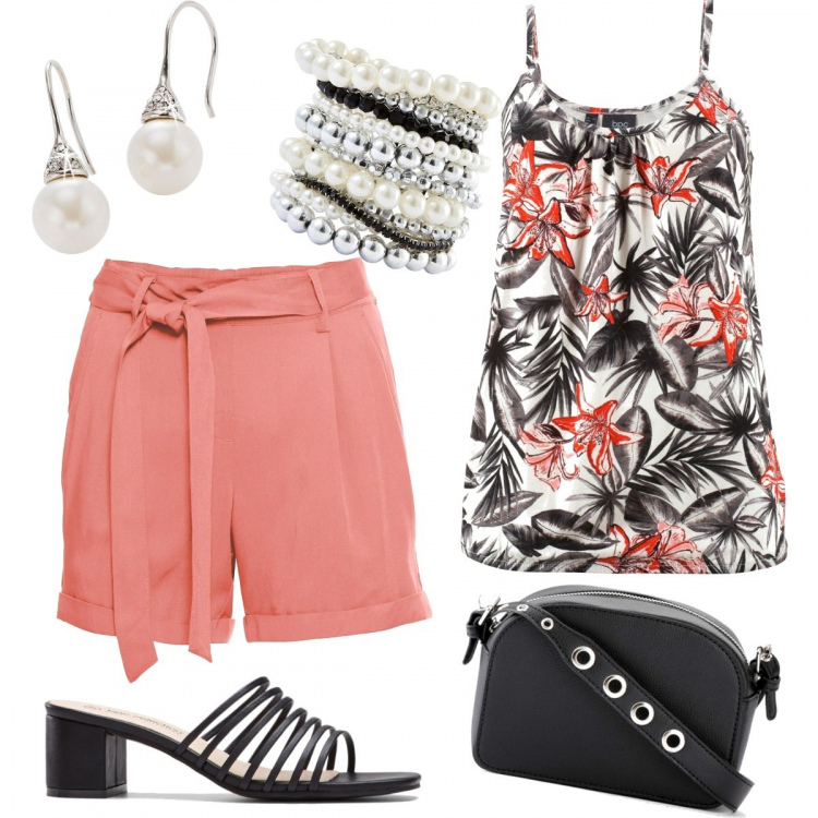 Outfit donna - Serata estiva. Stile Sexy per Serata fuori. Abbinamento con top, braccialetti, shorts, borse a mano, décolleté, orecchini.