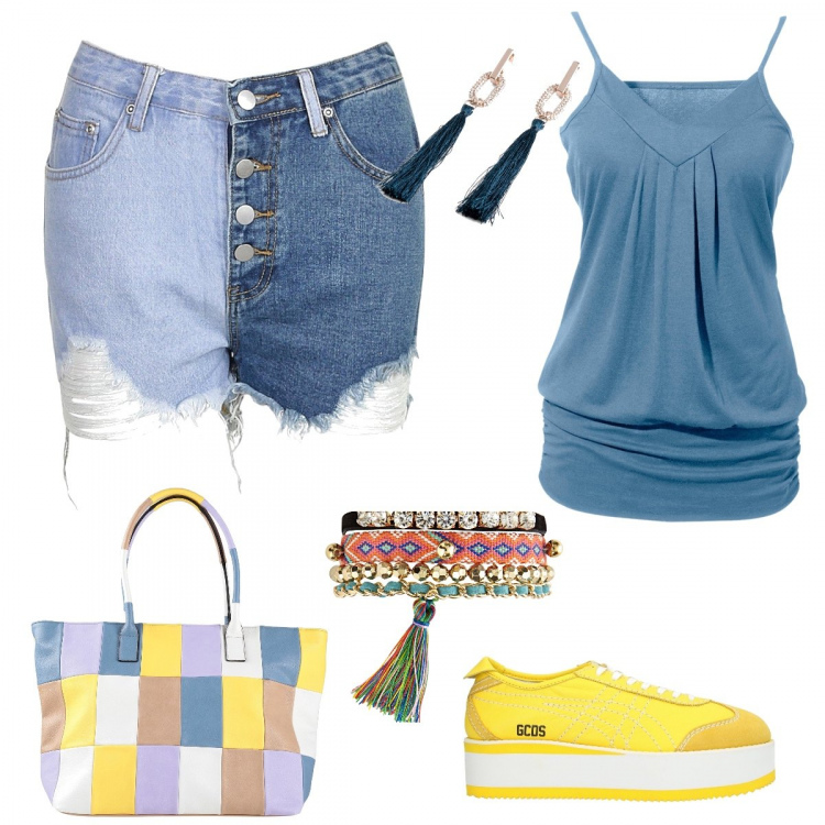 Outfit donna - Con la borsa a quadretti colorati. Stile Trendy per Tutti i giorni. Abbinamento con top, braccialetti, orecchini, sneakers, borse a spalla, pantaloni corti.