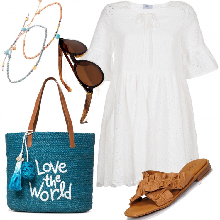 Outfit mujer - Love the world. Estilo Trendy para Todos los días. Combinación con vestidos, sandalias, bolsos de hombro, gafas de sol, pulseras.