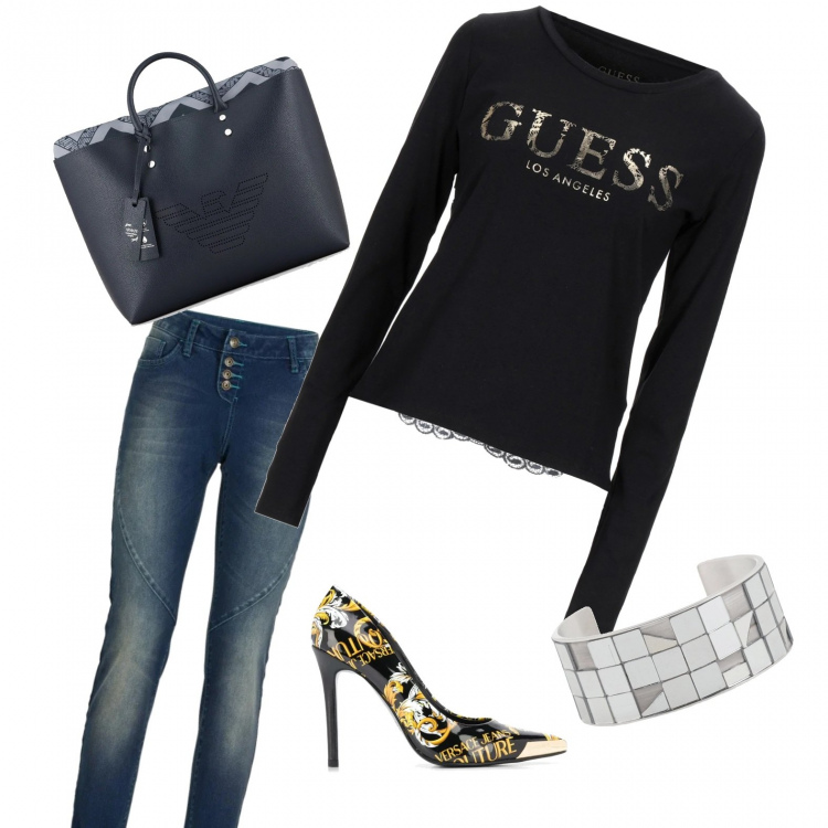 Outfit donna - Urban #18556. Stile Urban Abbinamento con jeans boyfriend, t-shirt, braccialetti, décolleté, borse tote.