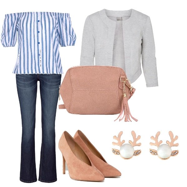 Outfit donna - Basic #2944. Stile Basic per Tutti i giorni. Abbinamento con jeans bootcut, borsa a tracolla rosa, pantaloni corti e shorts, blusa in cotone con bottoni.
