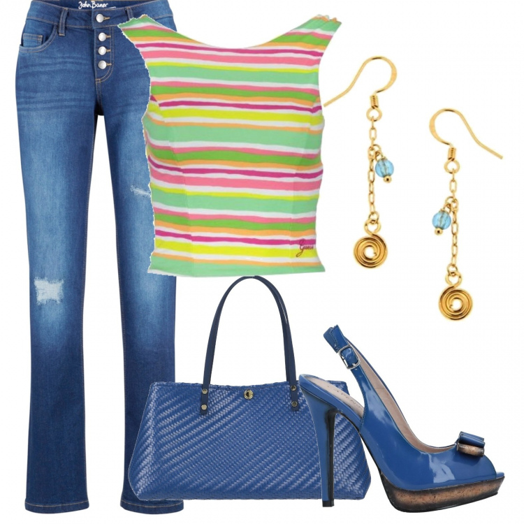 Outfit donna - Urban #18581. Stile Urban per Tutti i giorni. Abbinamento con sandali col tacco, borse a mano, jeans, canottiere, orecchini.