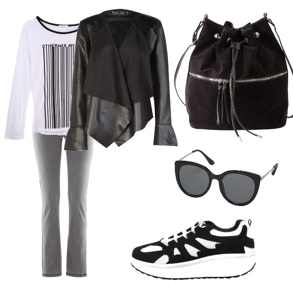 Outfit donna - Trendy #4125. Stile Trendy per Scuola/Università. Abbinamento con jeans slim fit, shopping bag con zip, occhiali da sole nero.