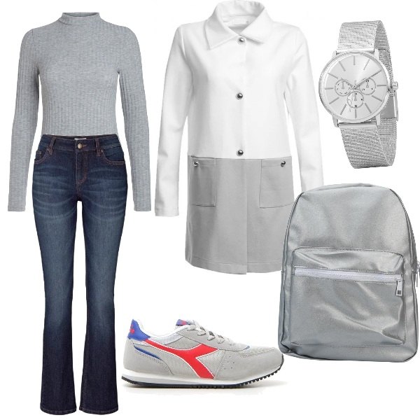 Outfit donna - Trendy #4127. Stile Trendy per Scuola/Università. Abbinamento con jeans bootcut, pantaloni skinny, sneakers grigio.