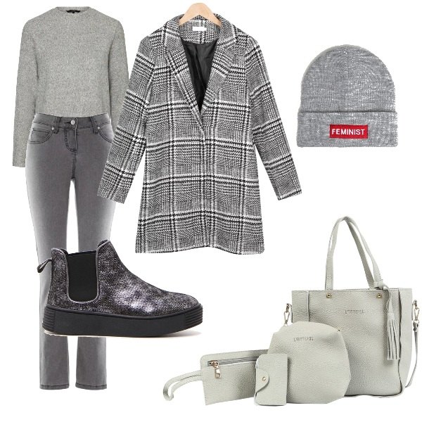 Outfit donna - Trendy #4128. Stile Trendy per Tutti i giorni. Abbinamento con jeans slim fit, borsa in pelle sintetica grigio, stivaletti argento, berretto.
