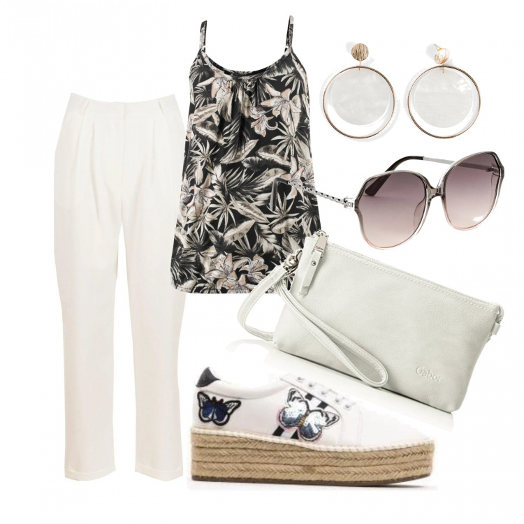 Outfit donna - Pomeriggio in famiglia. Stile Trendy per Tutti i giorni. Abbinamento con top, occhiali da sole, borse a mano, pantaloni, sneakers, borse a tracolla.