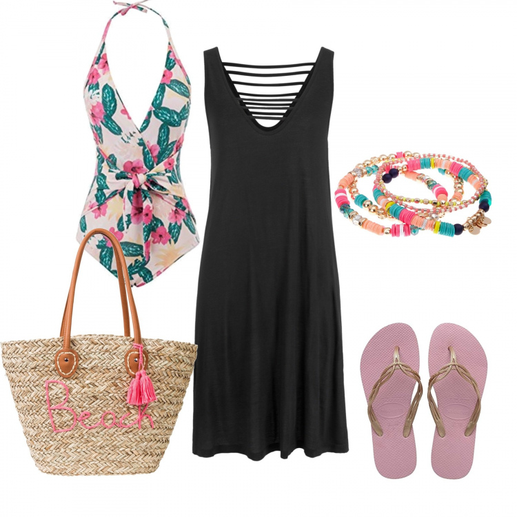 Outfit donna - Sulla spiaggia. Stile Basic per Mare. Abbinamento con vestiti da spiaggia, borse a tracolla, shopping bag, costumi interi, infradito.