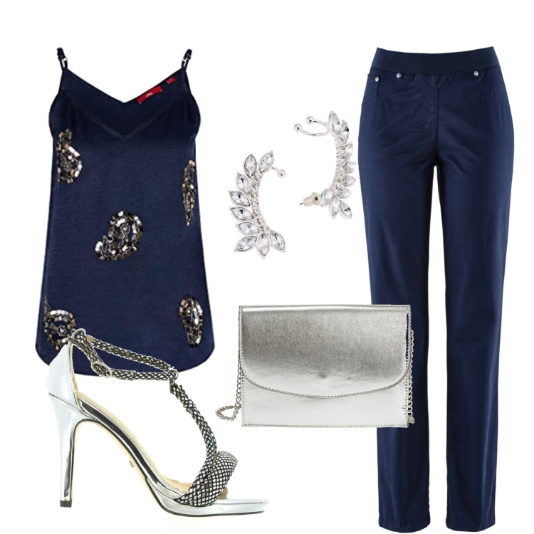 Outfit donna - Una serata..con un tocco di luce. Stile Trendy per Serata fuori. Abbinamento con pantaloni sportivi, orecchini, pochette, camicie, scarpe col tacco.