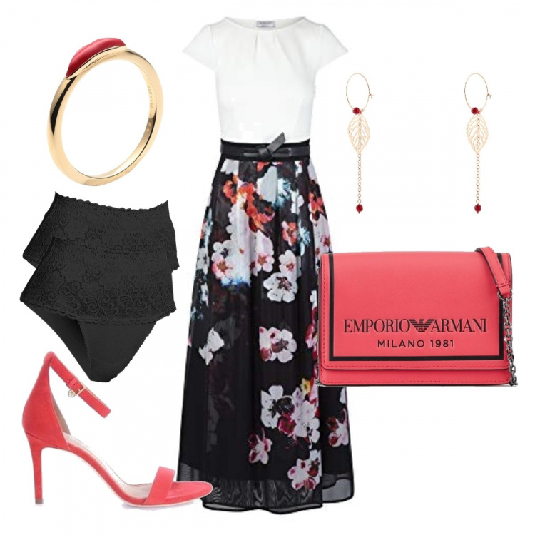 Outfit donna - Splendida alla cerimonia. Stile Chic per Cerimonia. Abbinamento con culotte, anelli, orecchini, sandali col tacco, vestiti, borse a spalla.