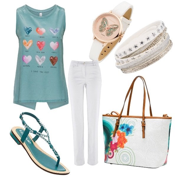 Outfit donna - Calda giornata di commissioni. Stile Basic per Tutti i giorni. Abbinamento con pantaloni, shopping bag con stampa e zip con scomparti bianco, sandali blu, braccialetto.