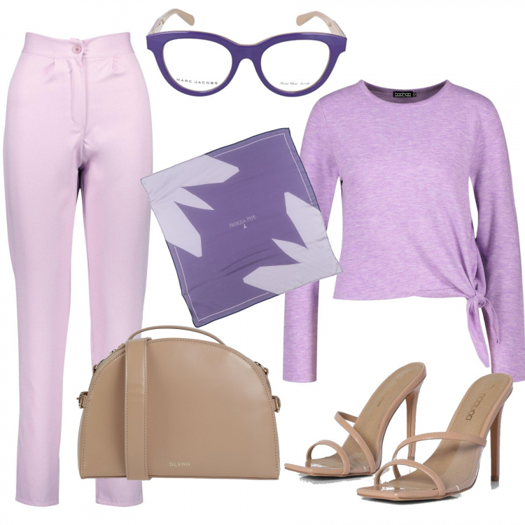 Outfit donna - Trendy #51219. Stile Trendy per Ufficio. Abbinamento con foulard, borse a mano, top, sabot, pantaloni, occhiali.