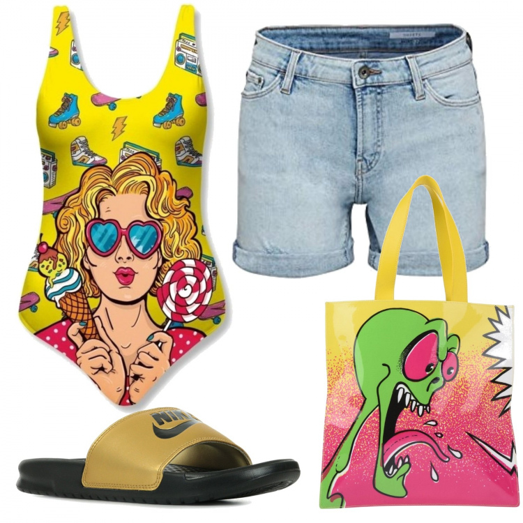 Outfit mujer - Bañador y shorts!!. Estilo Chic para Mar. Combinación con pantalones cortos, bañadores, chanclas, bolso shopper.
