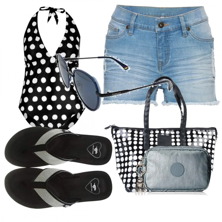 Outfit donna - Bianco e nero. Stile Trendy per Mare. Abbinamento con shorts, borse a mano, costumi, portamonete, infradito, occhiali da sole.