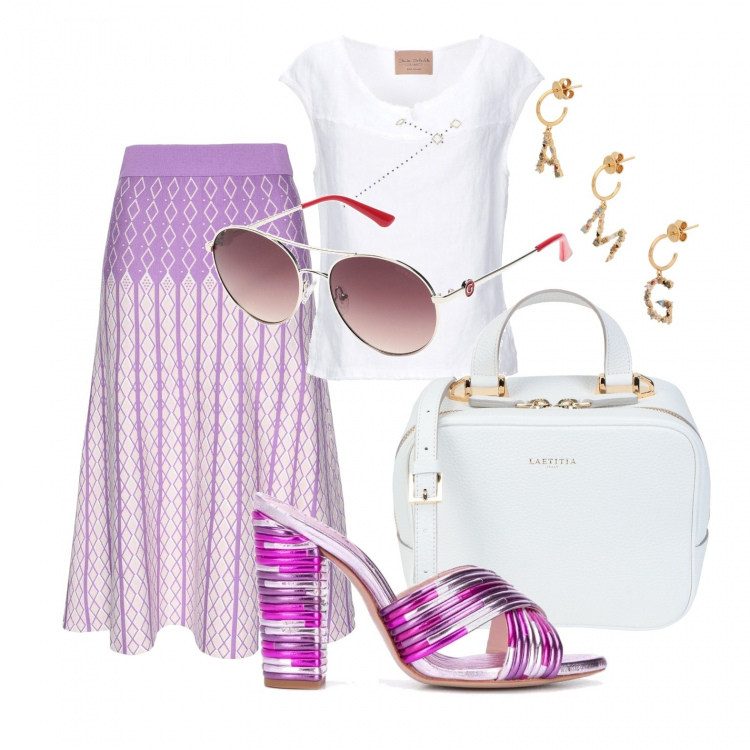 Outfit donna - Trend viola. Stile Trendy per Tutti i giorni. Abbinamento con gonne longuette, top, borse a tracolla, orecchini, occhiali da sole, sandali col tacco.