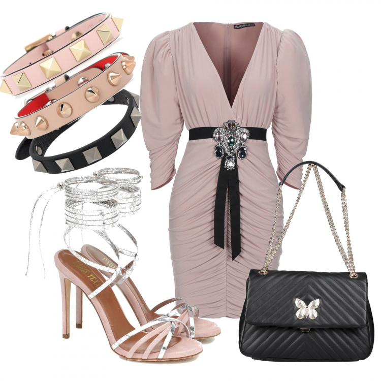 Outfit donna - Chic & rock. Stile Chic per Serata fuori. Abbinamento con borse a mano, vestiti corti, braccialetti, braccialetti, sandali in pelle, braccialetti.
