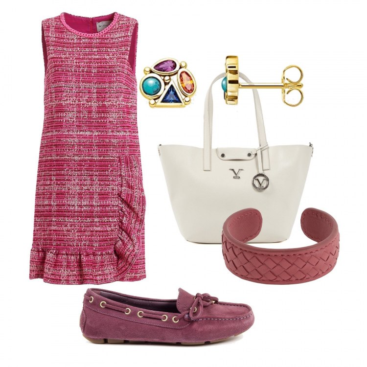 Outfit donna - Purple. Stile Bon Ton per Ufficio. Abbinamento con braccialetti, vestiti senza maniche, orecchini, borse a mano, mocassini.