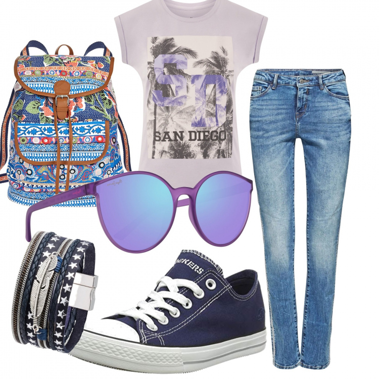 Outfit donna - Ragazza in città. Stile Urban per Scuola/Università. Abbinamento con zaini, felpe con cappuccio, occhiali da sole, sneakers, jeans skinny, t-shirt.