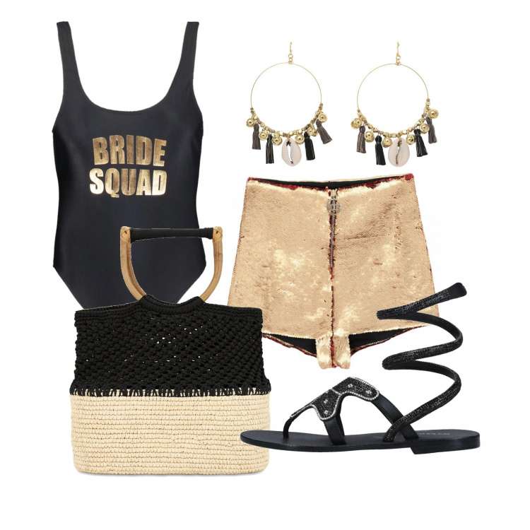 Outfit donna - Costume intero e shorts. Stile Trendy per Mare. Abbinamento con infradito, shorts, orecchini, costume, shopping bag.