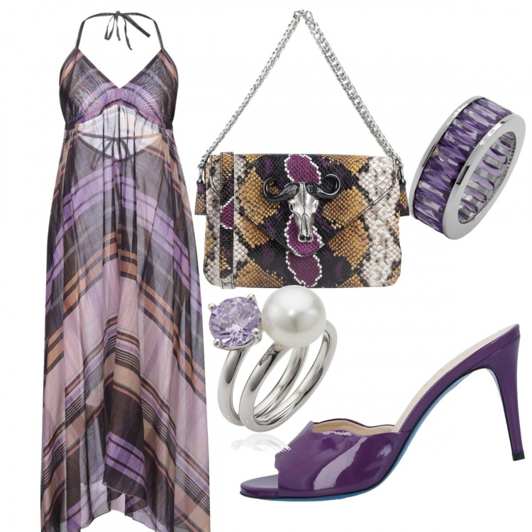 Outfit donna - Verde e viola. Stile Trendy per Serata fuori. Abbinamento con vestiti midi/longuette, sandali col tacco, borse a mano, anelli, anelli.